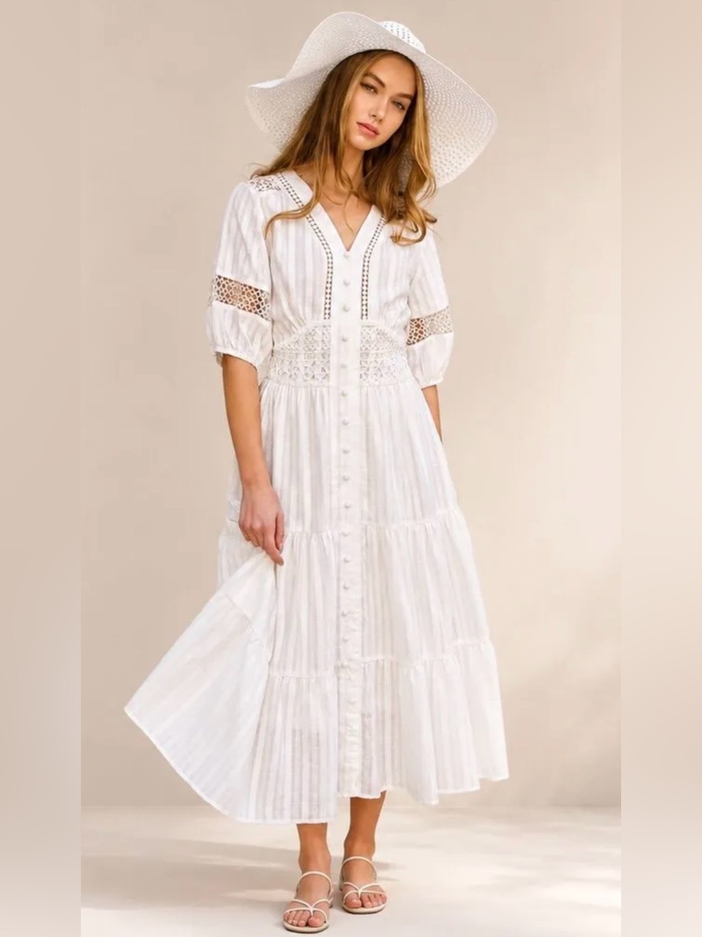 White Boutique Midi Dress with Lace Insets